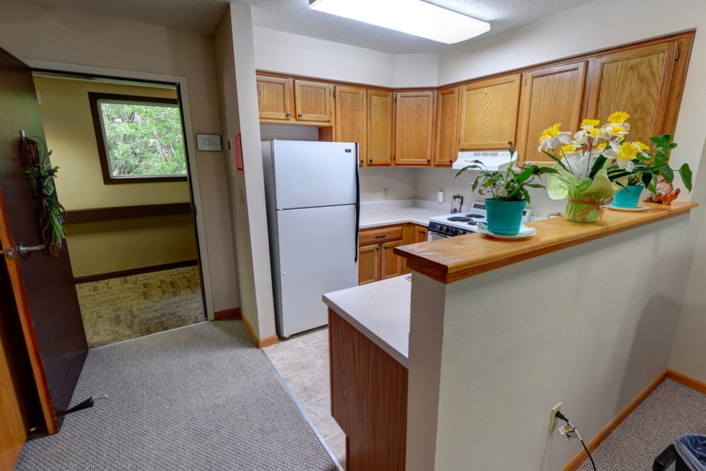 A full resident kitchen at Garnett Place in Cedar Rapids, Iowa.