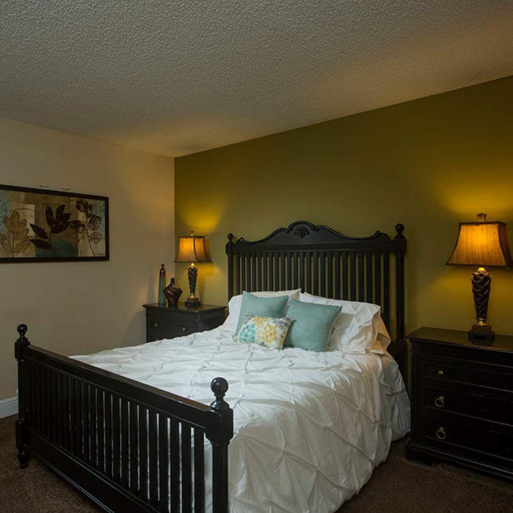 Charming bedroom with elegant black furnishings and warm lighting at Park Place Apartments in Port Richey, Florida.