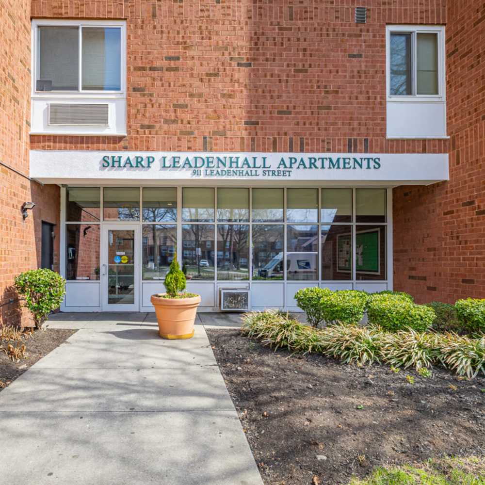 Exterior Leasing Office Entrance at Sharp Leadenhall Apartments in Baltimore, Maryland