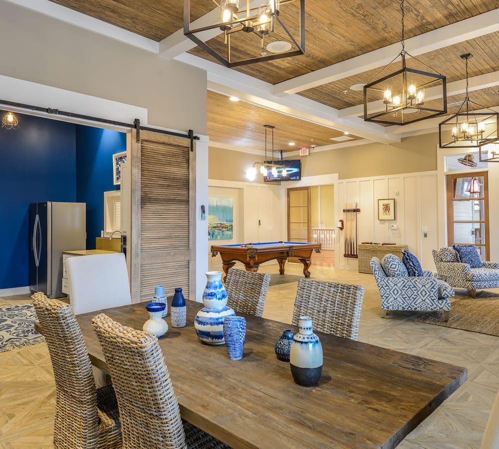 Rustic-modern decor in the clubhouse at Palm Bay Club in Jacksonville, Florida