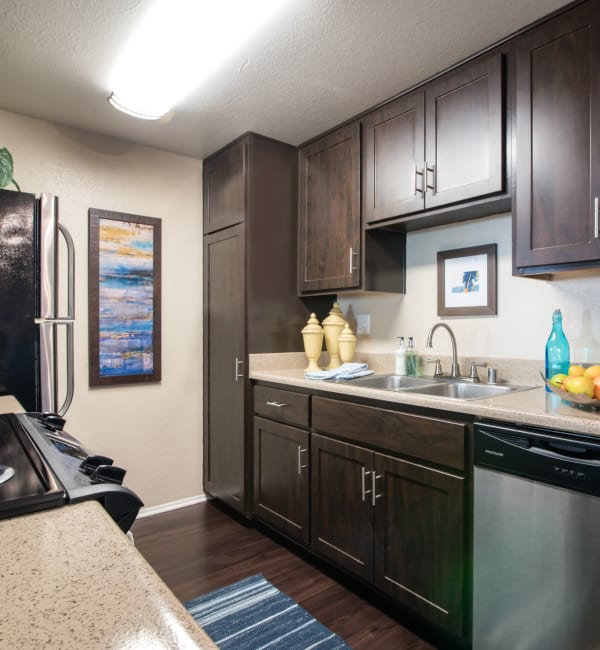 Brown Renovated Kitchen with stainless steel appliances at Terra Nova Villas in Chula Vista, CA
