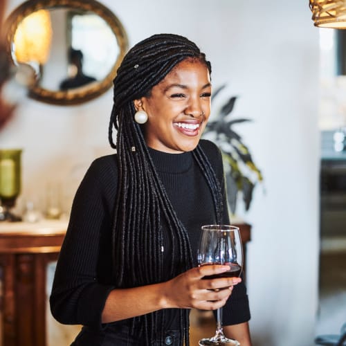 Woman drinking wine in Napa, California, near Hawthorn Village Apartments