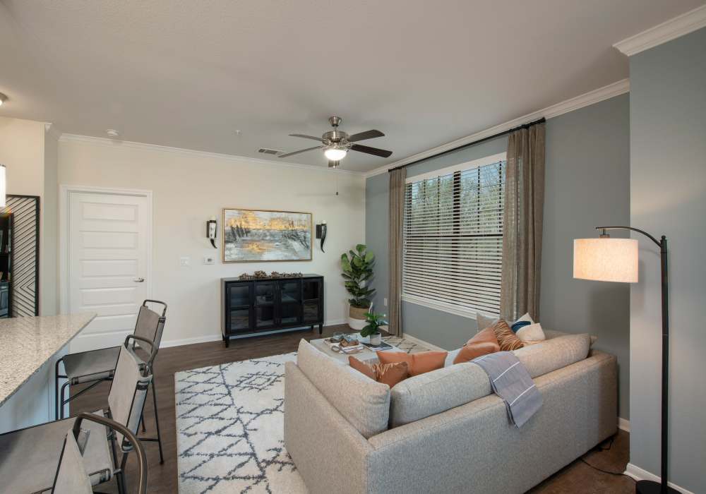 Living room with beautiful sofa at Nantucket at Fannin Station in Houston, Texas