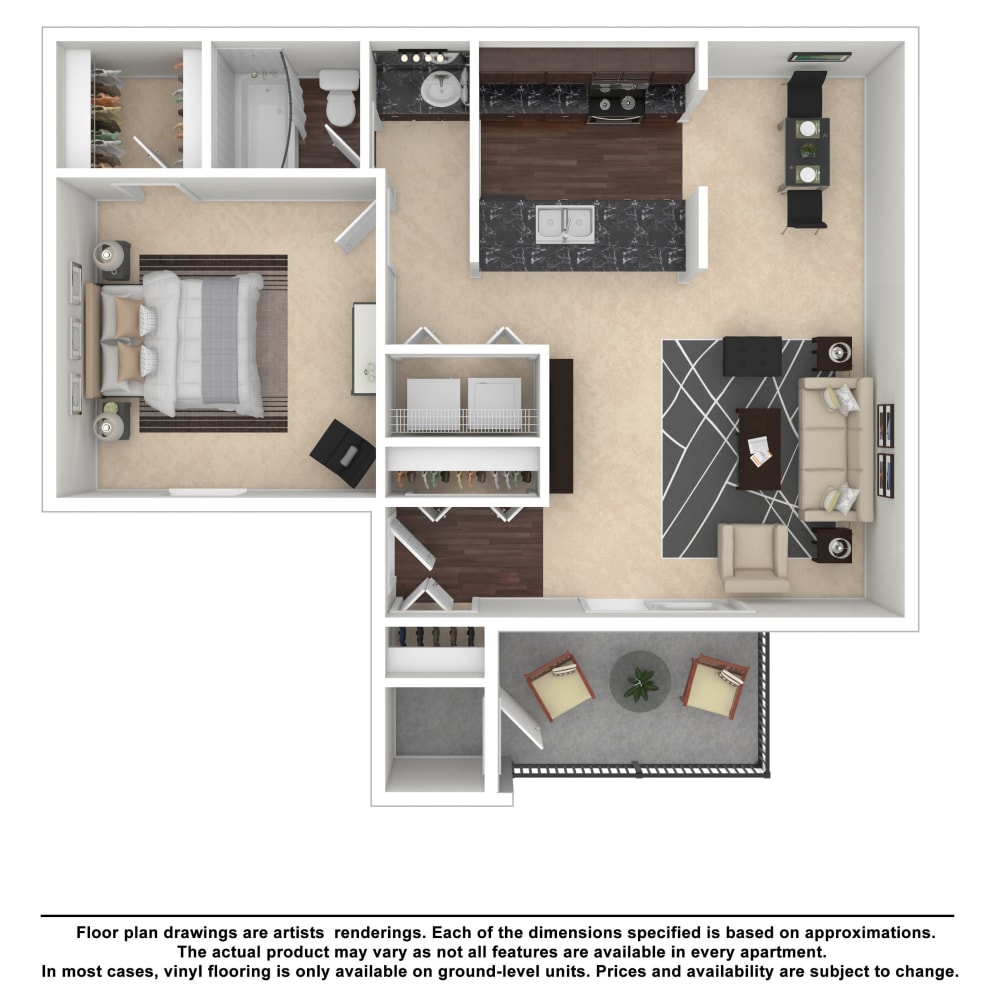 1x1 floor plan drawing at Lake Crossing Apartment Homes in Austell, Georgia