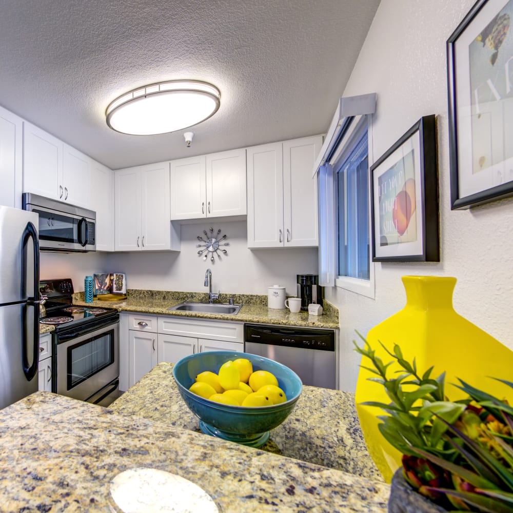 Modern kitchen with sleek, stainless-steel appliances in a model home at Sofi Sunnyvale in Sunnyvale, California