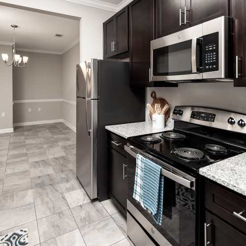 Kitchen with stainless-steel appliances and cabinetry at Mills Creek in Gastonia, North Carolina