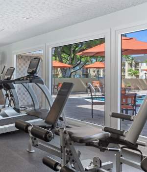 Weightlifting benches in the fitness center at Forest Place in North Miami, Florida