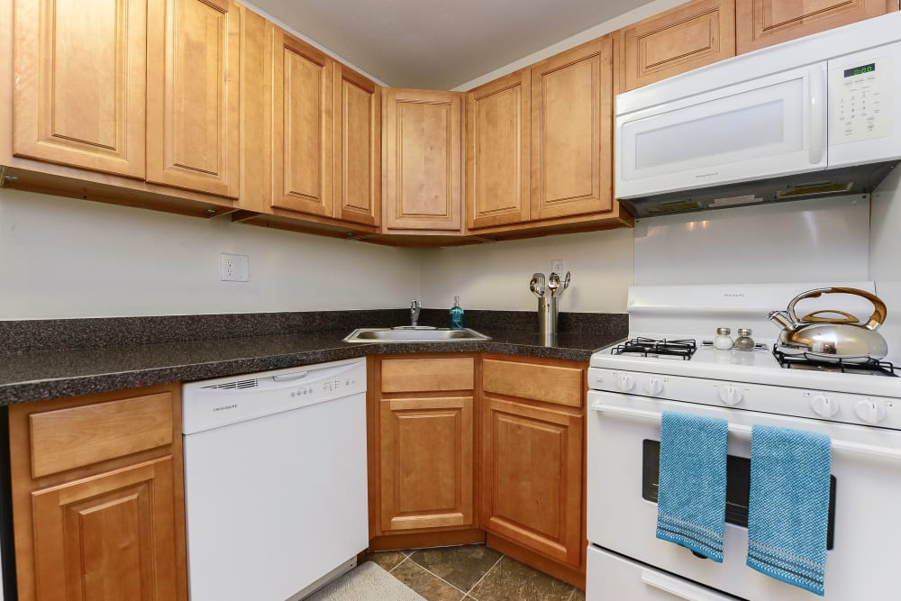 Model kitchen with maple cabinets at Country Village Apartment Homes in Dover, Delaware