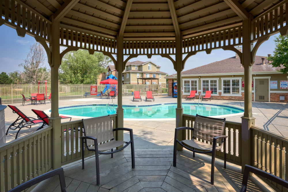 A gazebo near the beautiful resort-style swimming pool at Westridge Apartments in Aurora, Colorado