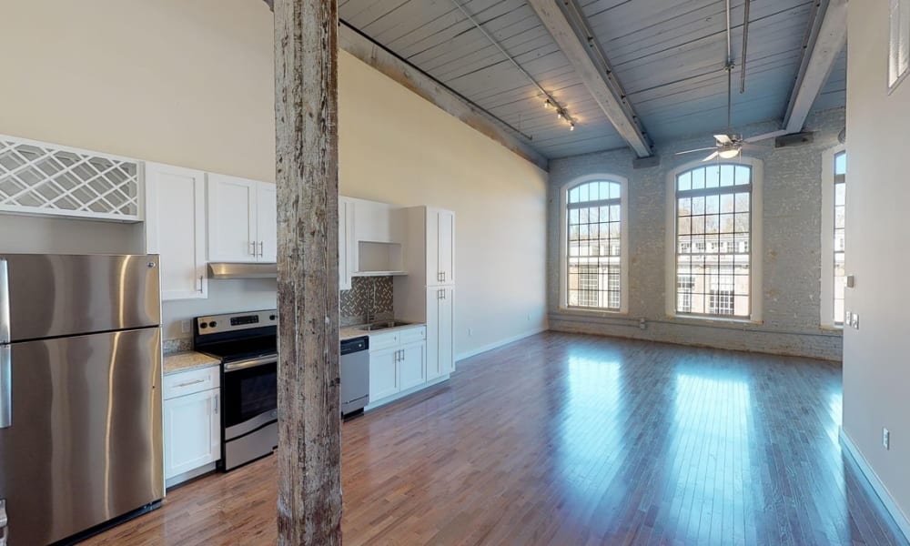 Wood flooring in an apartment at Bellevue Mill in Hillsborough, North Carolina