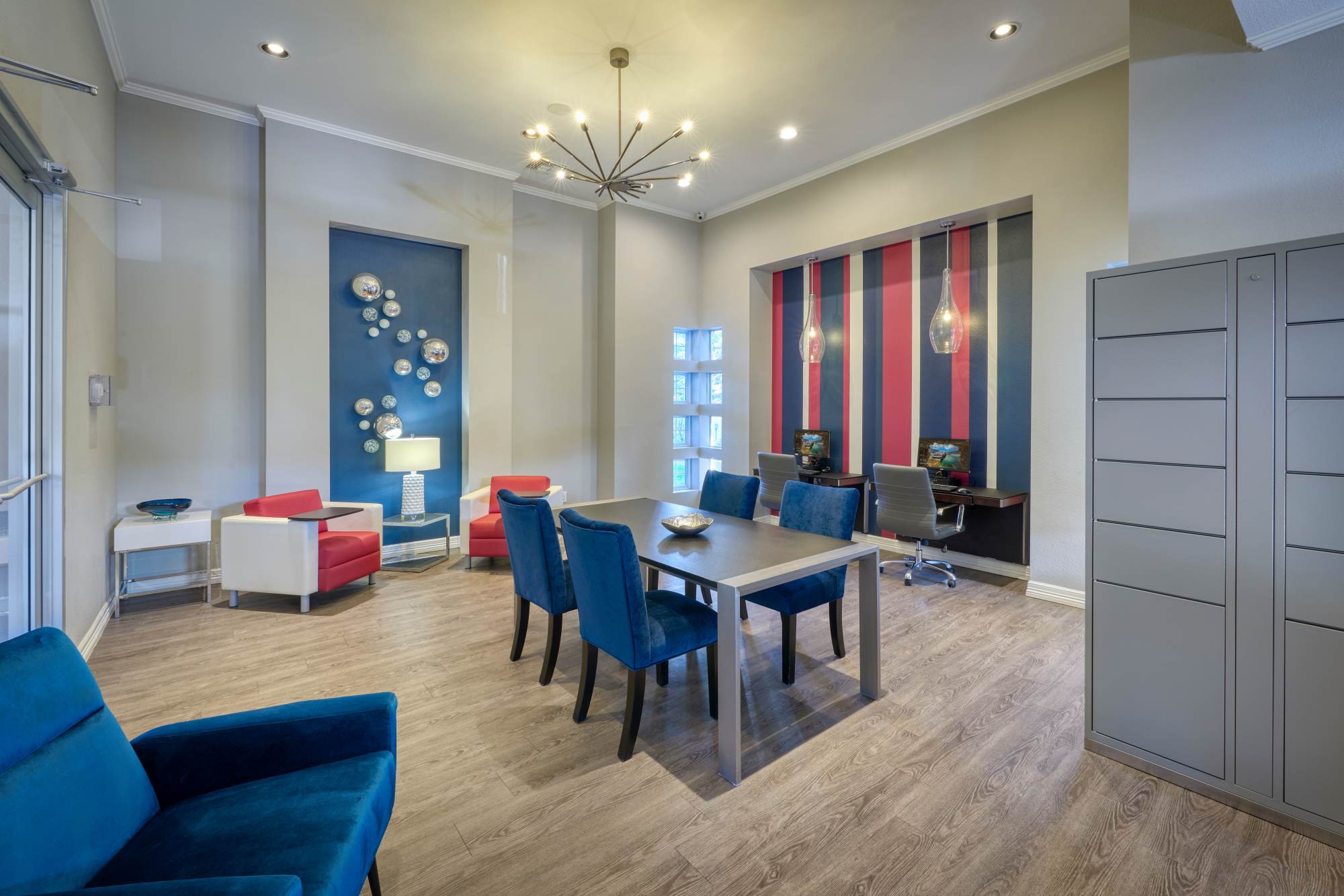 Community leasing office with package pick up station at Hawthorne Hill Apartments in Thornton, Colorado