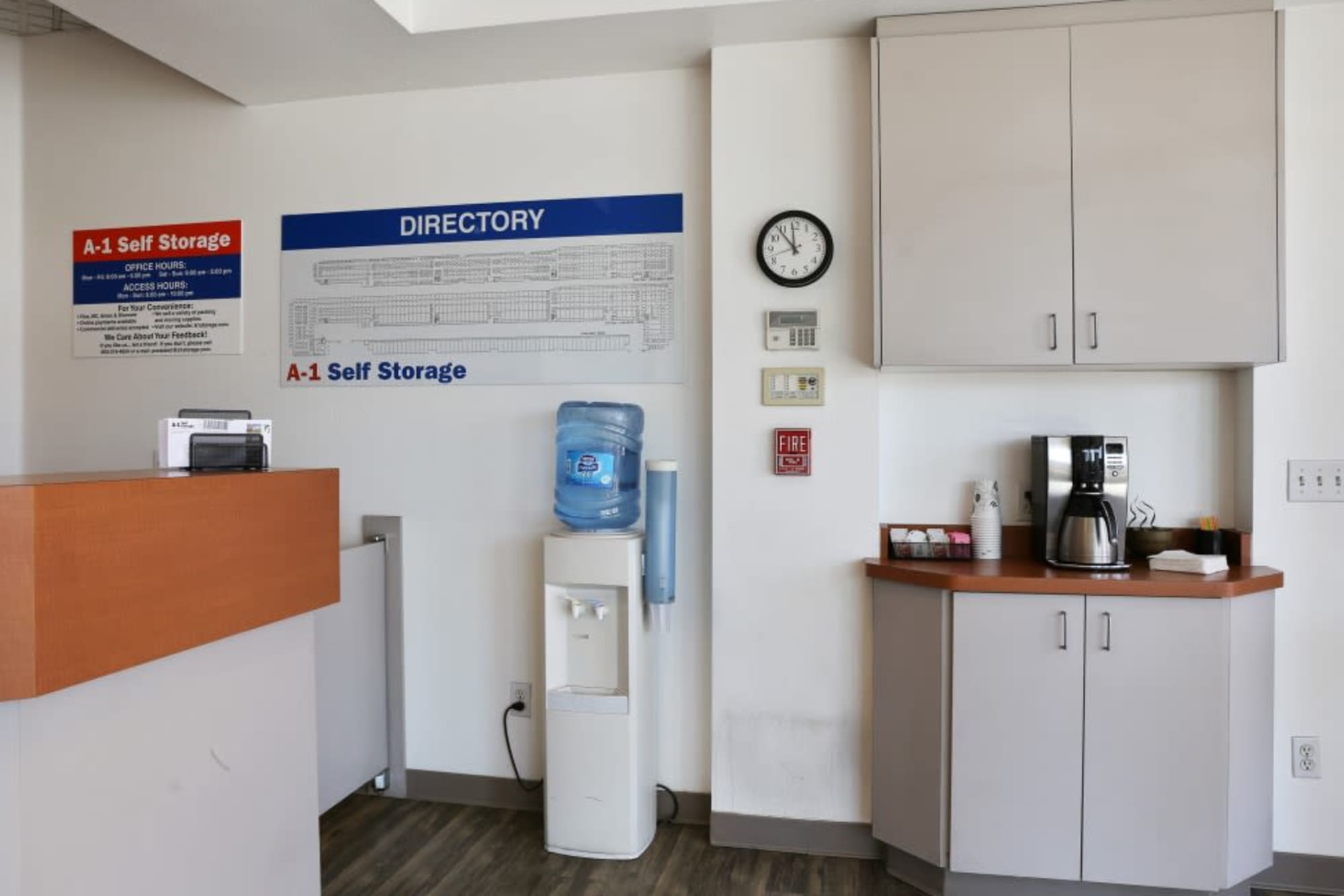 Coffee and filtered water for customers at A-1 Self Storage in Fullerton, California