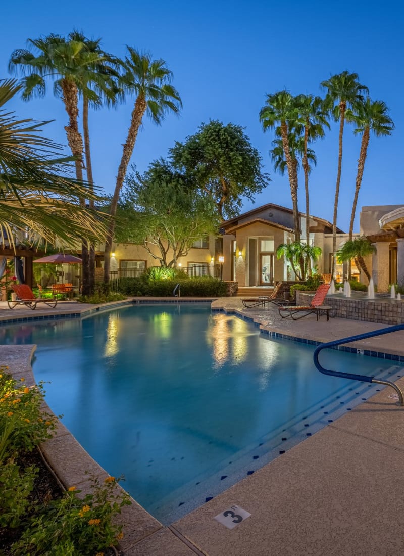 Pool at dusk at Azure Creek in Cave Creek, Arizona
