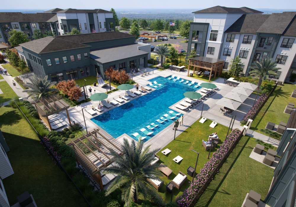 Aerial view of the community pool at The Flats at Ransley in Pensacola,Florida