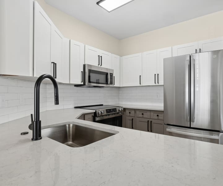 Kitchen with quartz countertops and stainless-steel appliances at The Palmer in Orlando, Florida 