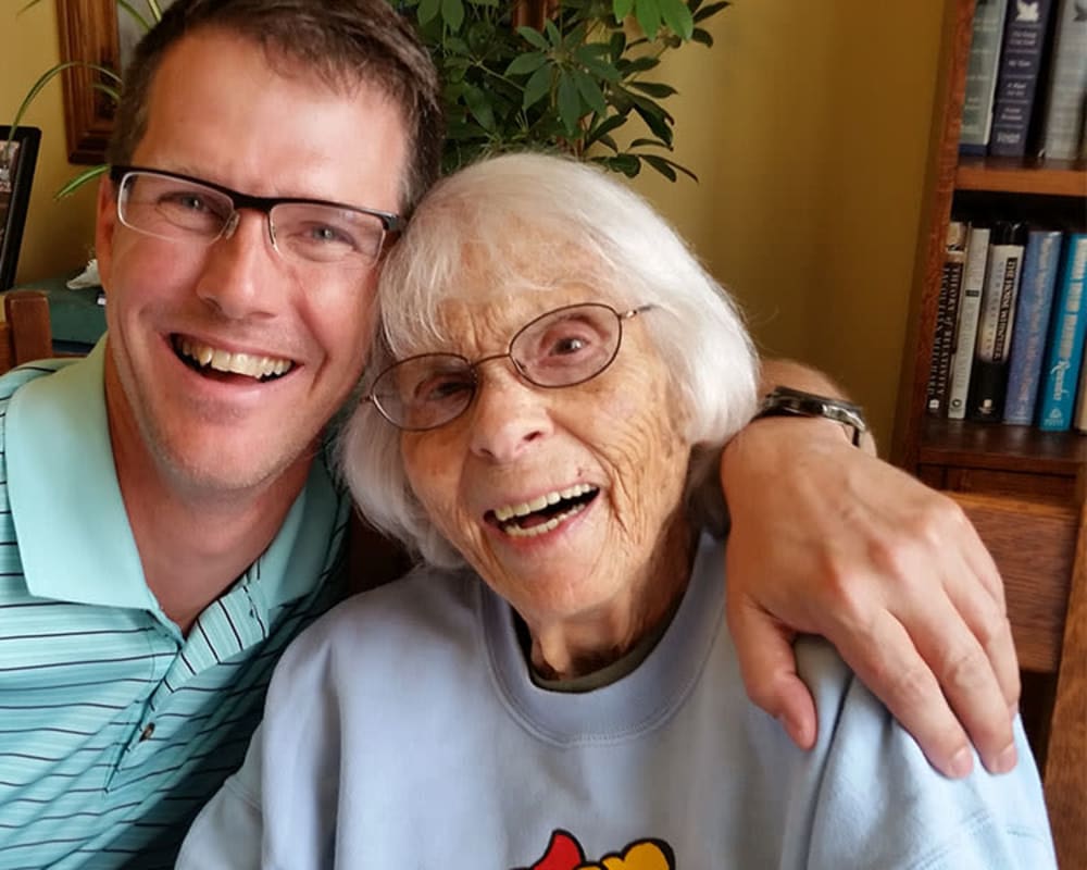 Resident and family member visit at Clover Ridge Place in Maquoketa, Iowa.