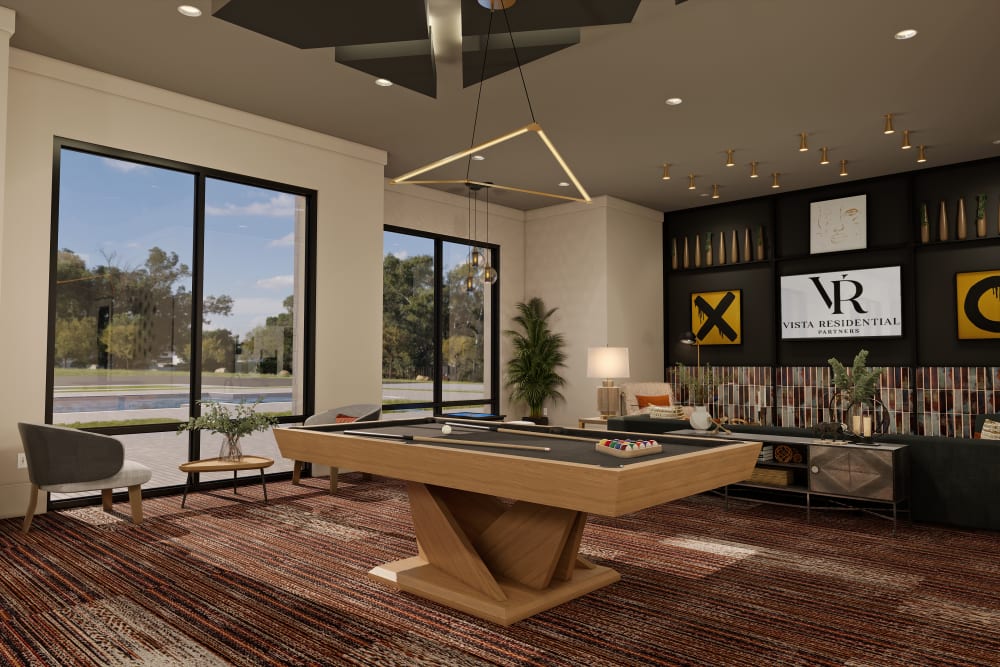 Pool table in the resident clubhouse at Main Street Vista in Holly Springs, North Carolina