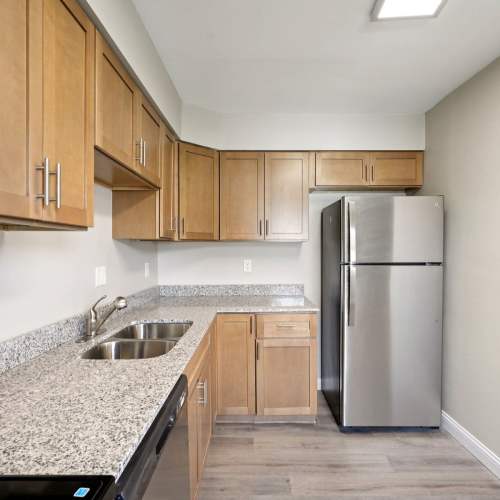 Kitchen with double sink at Charleston Square Apartments in Columbus, Indiana