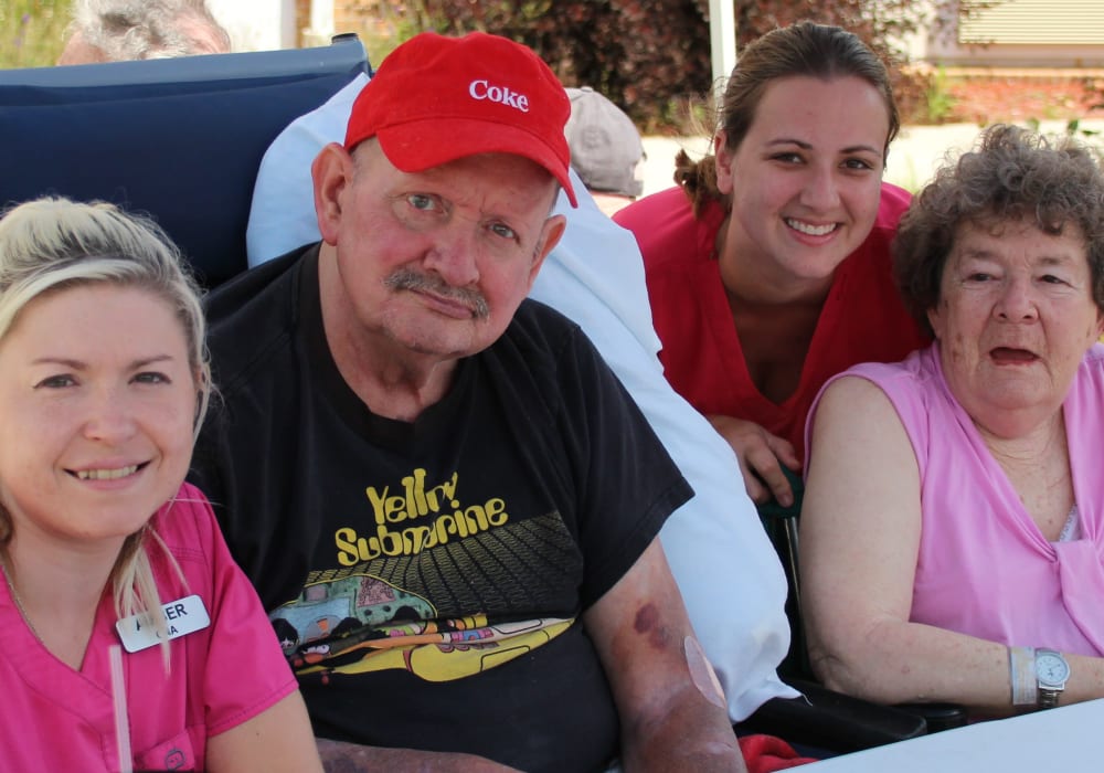 Residents and staff gathered for a group photo at East Troy Manor in East Troy, Wisconsin