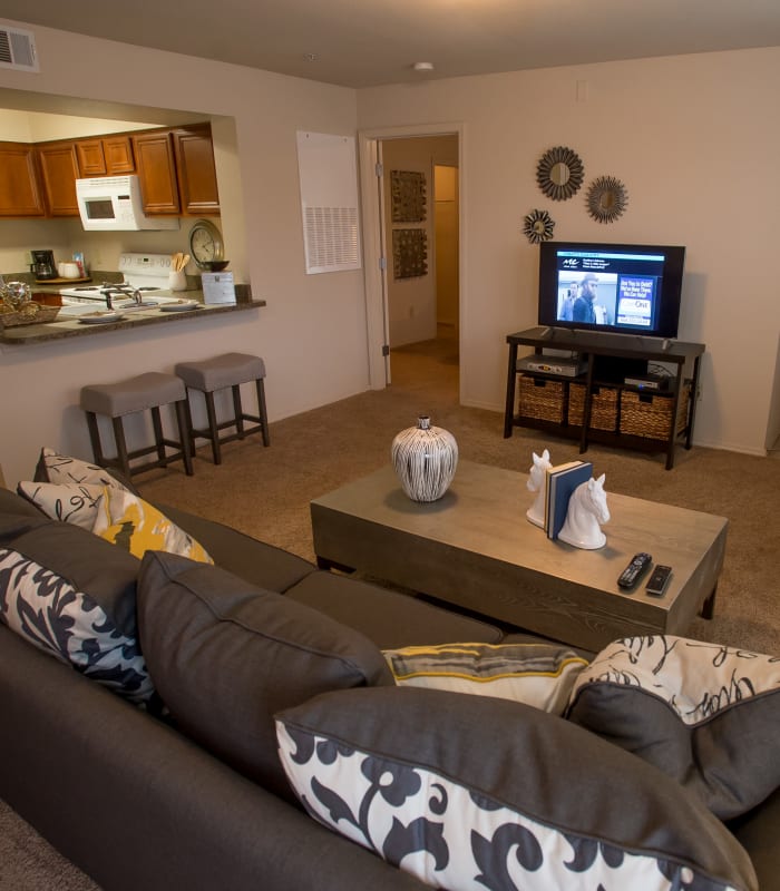 Carpeted living room at Villas of Waterford Apartments in Wichita, Kansas
