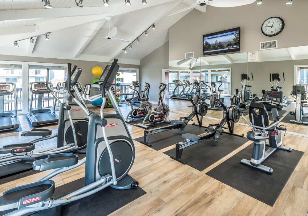 Harbor Cove Apartments in Foster City, California, offer a fitness center with a variety of equipment