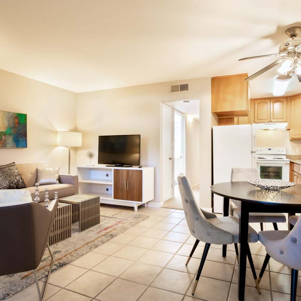 View of dining and living room at Glenwood Garden Apartments in Mountain View, California