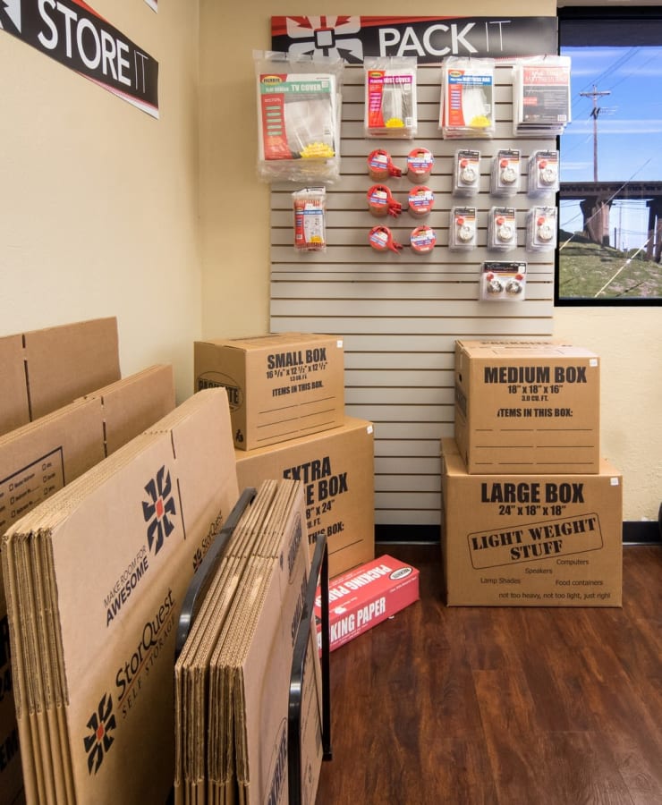 Packing supplies available in the leasing office at StorQuest Self Storage in Arlington, Texas