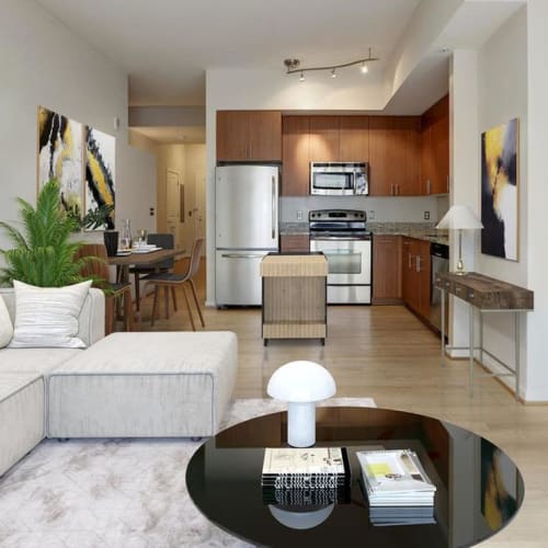 Modern living room with an open concept at Solaire 1150 Ripley in Silver Spring, Maryland