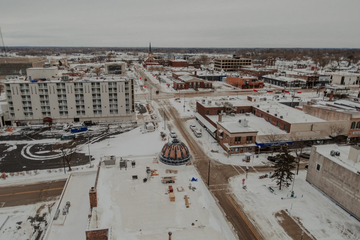 Overhead shot of location and city at The Whitcomb Senior Living Tower in St. Joseph, Michigan