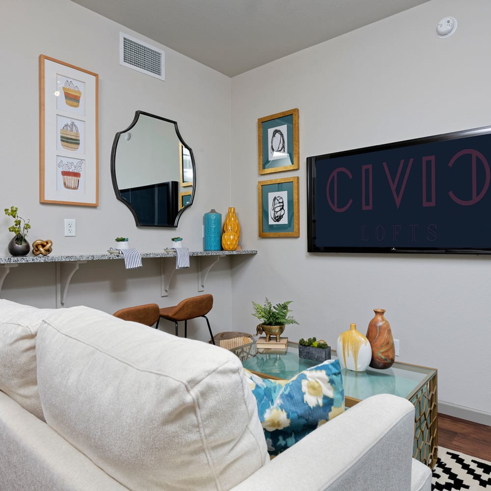 Relax in the living room at Civic Lofts in Denver, Colorado