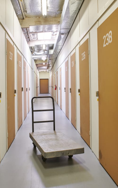 Interior hallway of heated storage at I-5 Mini Storage in Wilsonville, Oregon