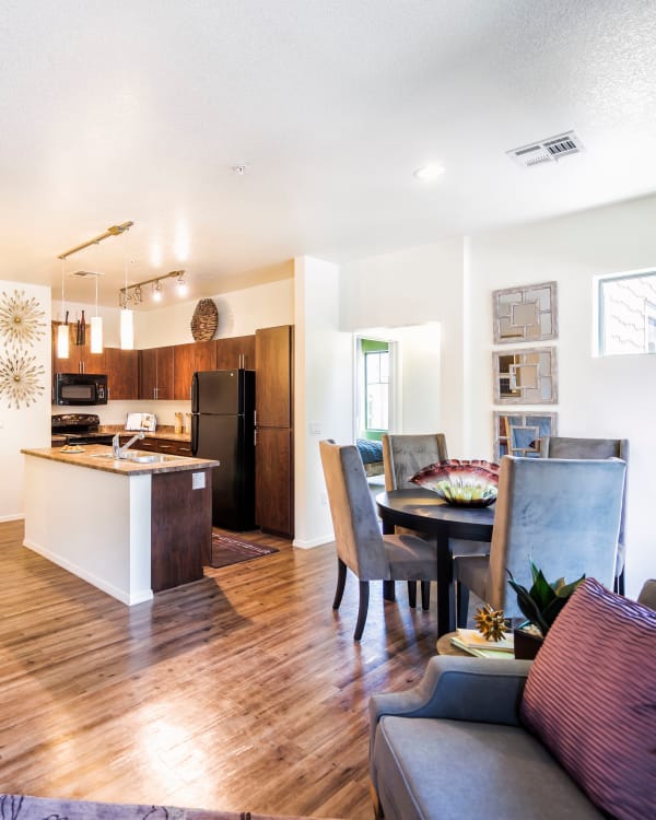 Spacious livng area and modern kitchen at Elevation Apartments in Flagstaff