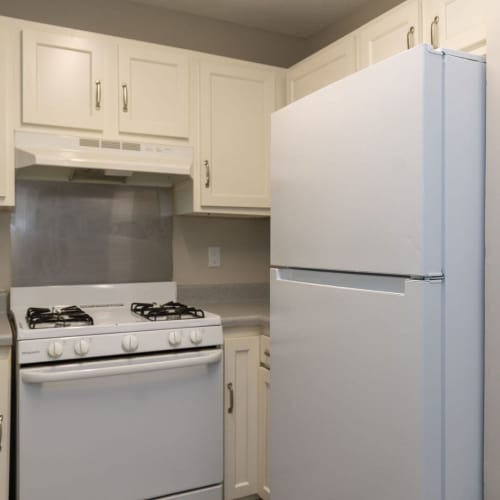Modern kitchen with white cabinetry, stainless steel appliances, and gas stove, featuring a sleek design at Pleasant View Apartments in Charlotte, North Carolina