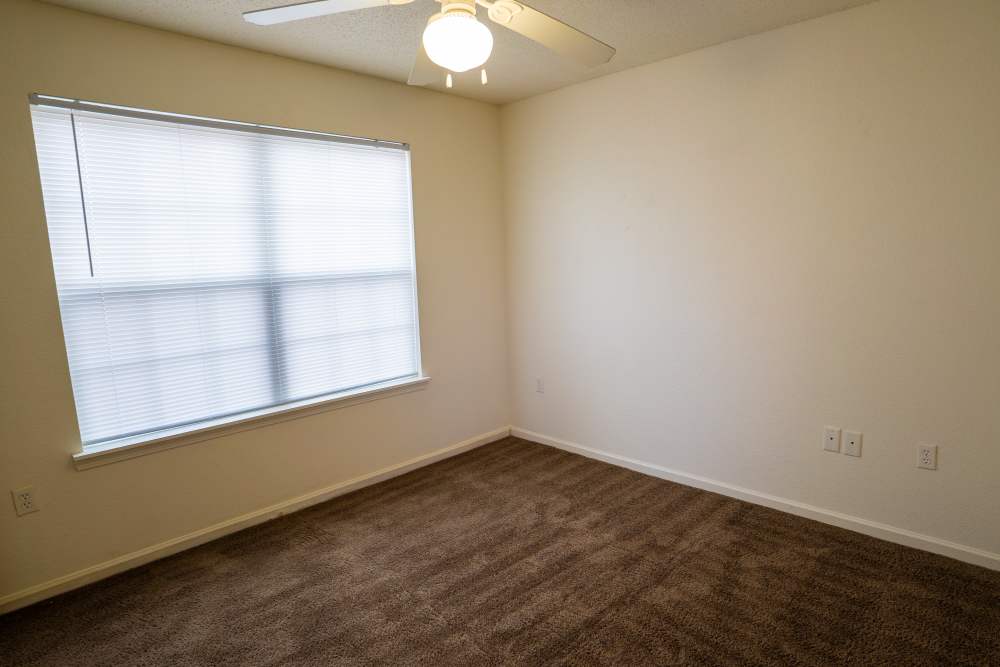 Unfurnished bedroom with ceiling fan, carpet flooring and large window at Jacksonville Pines in Jacksonville, Texas