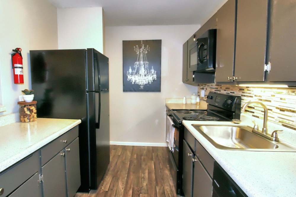 Kitchen with refrigerator, microwave, dishwasher and with vinyl flooring at Alamo Estates in San Antonio, Texas