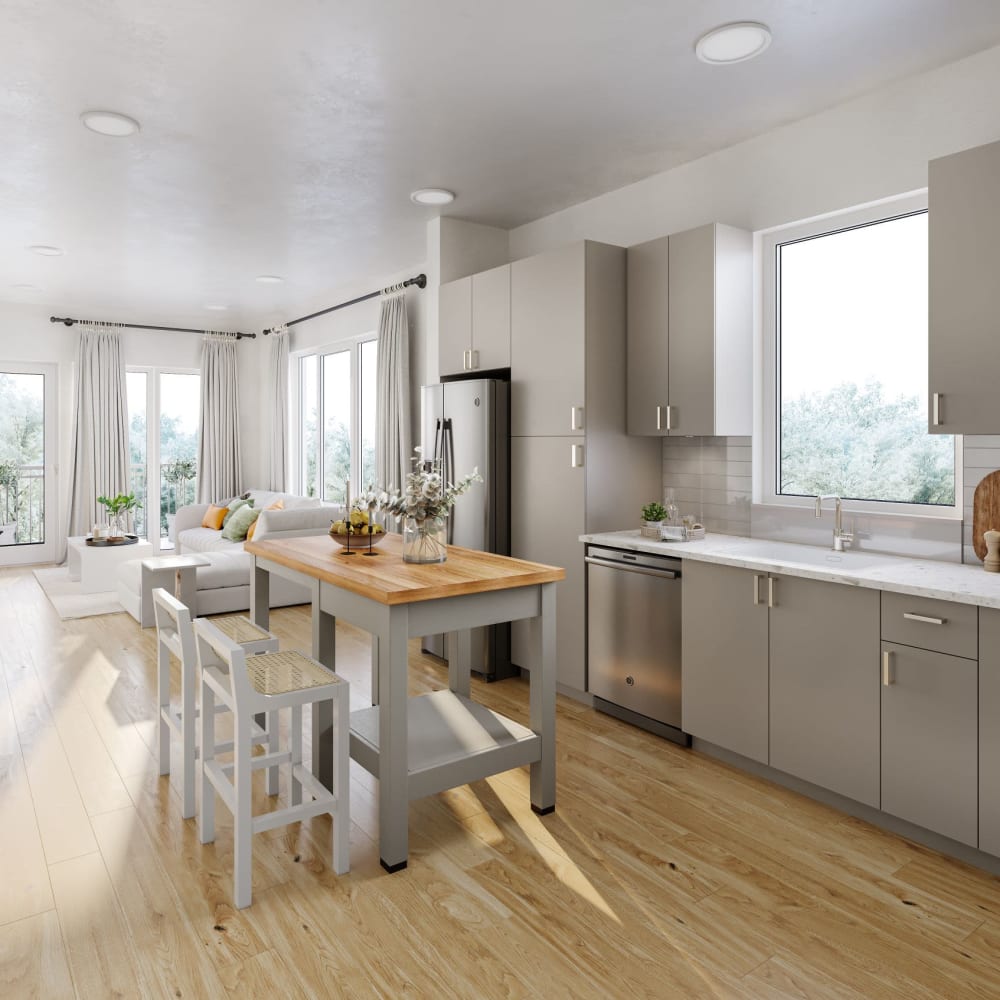 View of kitchen apartment at Queens Wedgewood-Houston in Nashville, Tennessee