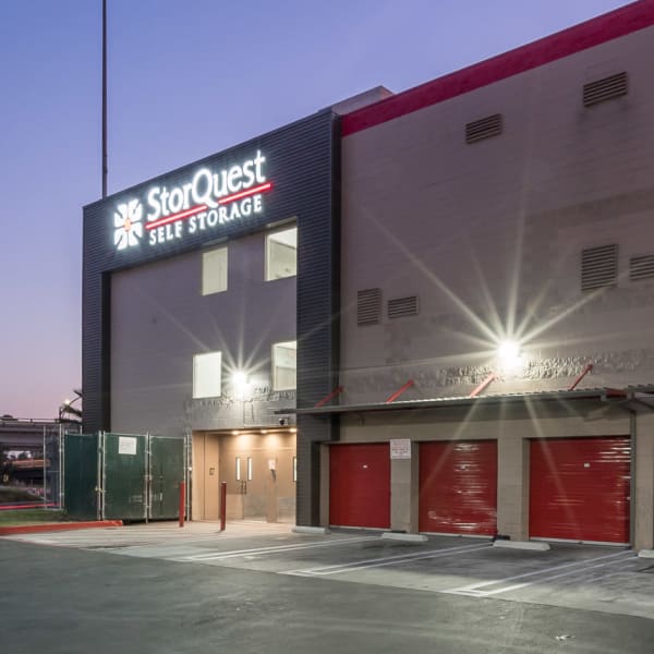 Exterior of StorQuest Self Storage in Los Angeles, California at twilight
