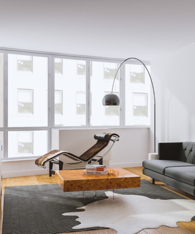 A living room with lots of natural lighting at The Metropolis in New York, New York