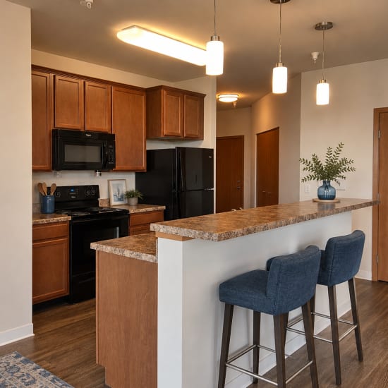 Modern kitchen at 5th Avenue Lofts in Kenosha, Wisconsin