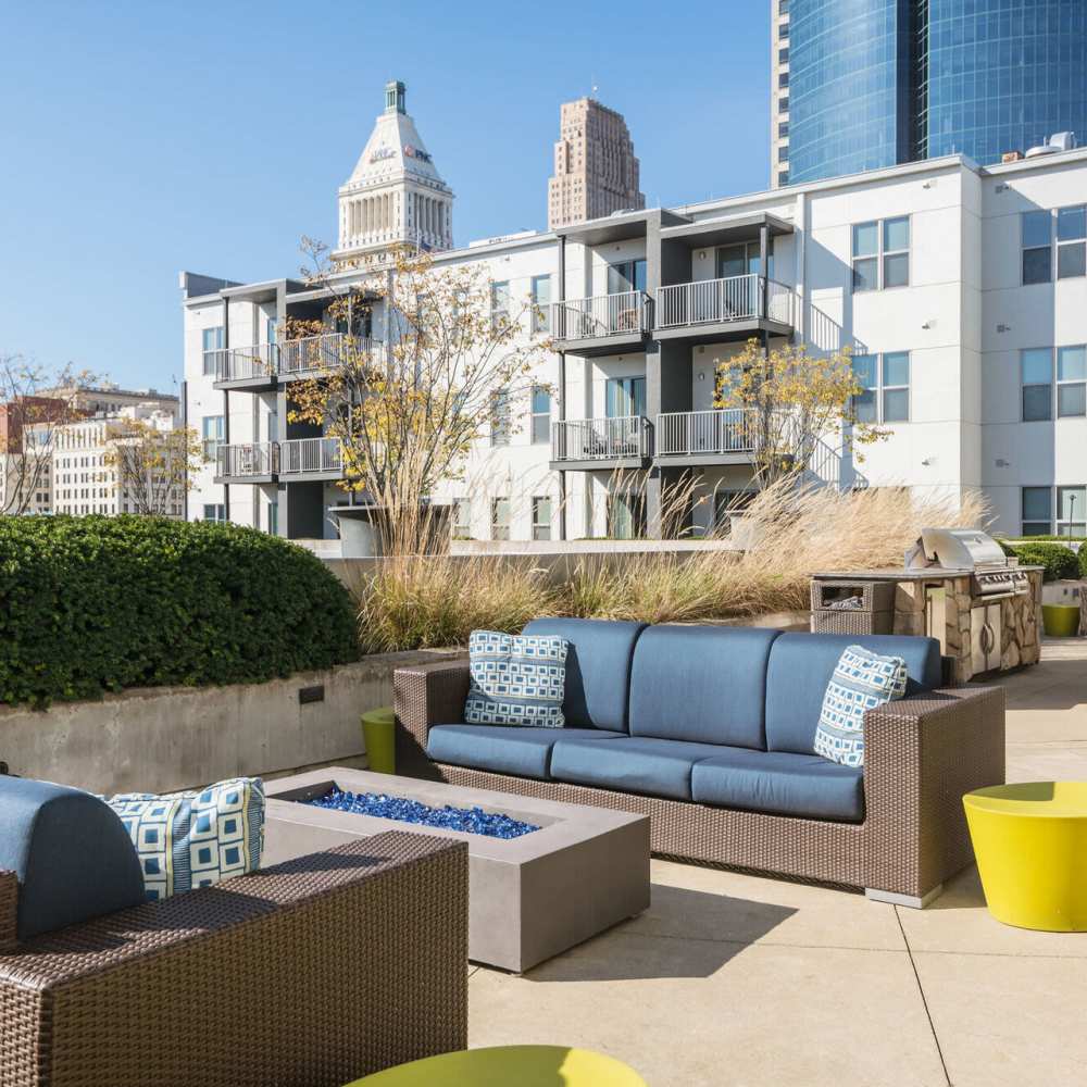 Landscaped courtyard with firepit at Current at The Banks in Cincinnati,Ohio 