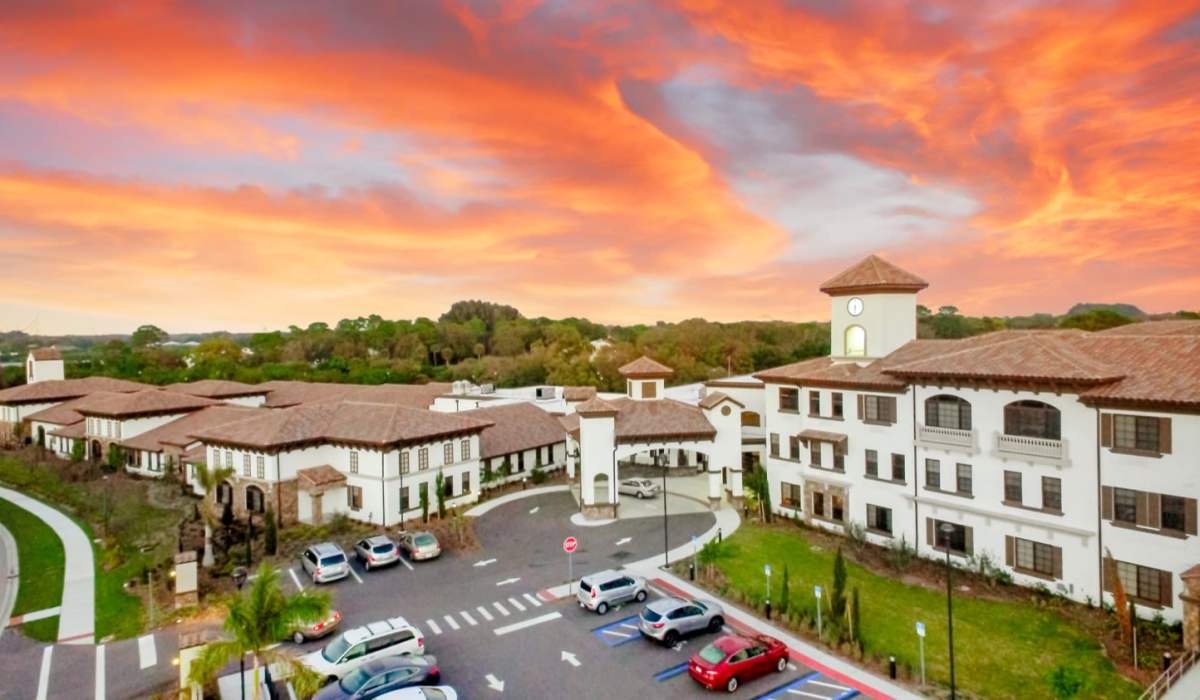 Drone shot of community at Tuscan Gardens of Venetia Bay in Venice, Florida