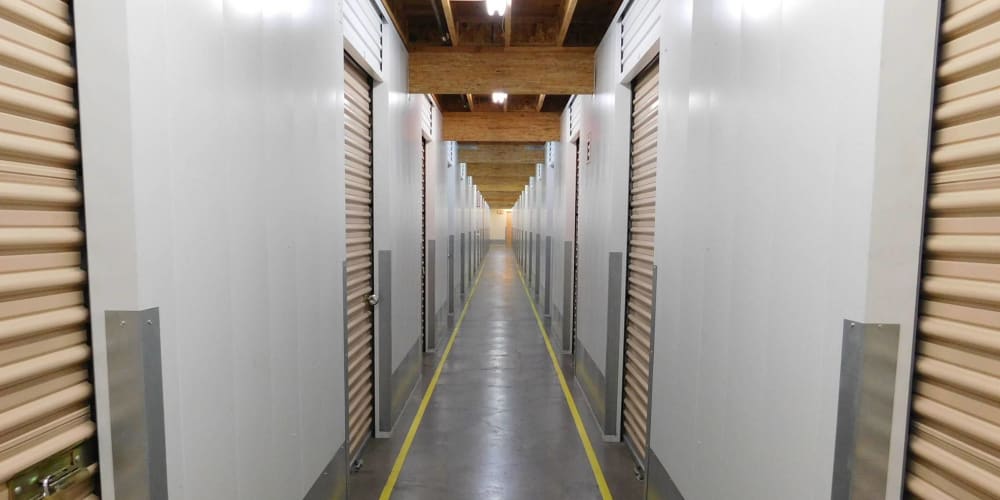 Wide driveway between storage units at Stor-Room Self-Storage in Portland, Oregon