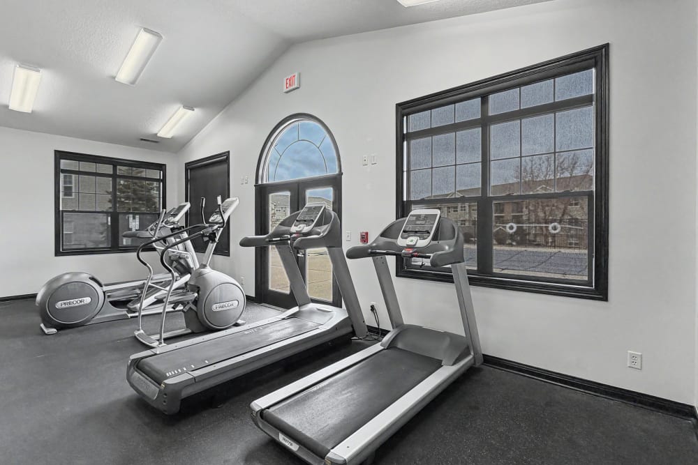 Modern fitness center with large windows and quality gym equipment at Pointe 28 in Ankeny, Iowa.