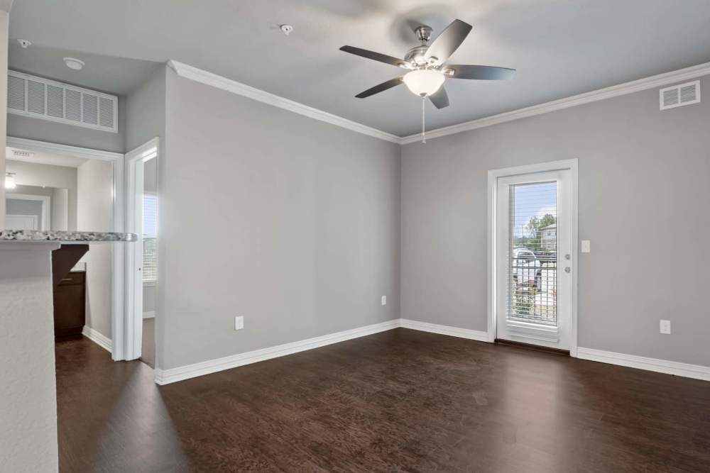 Custom ceiling fan and entry to the patio at Pine Creek in Paris, Texas