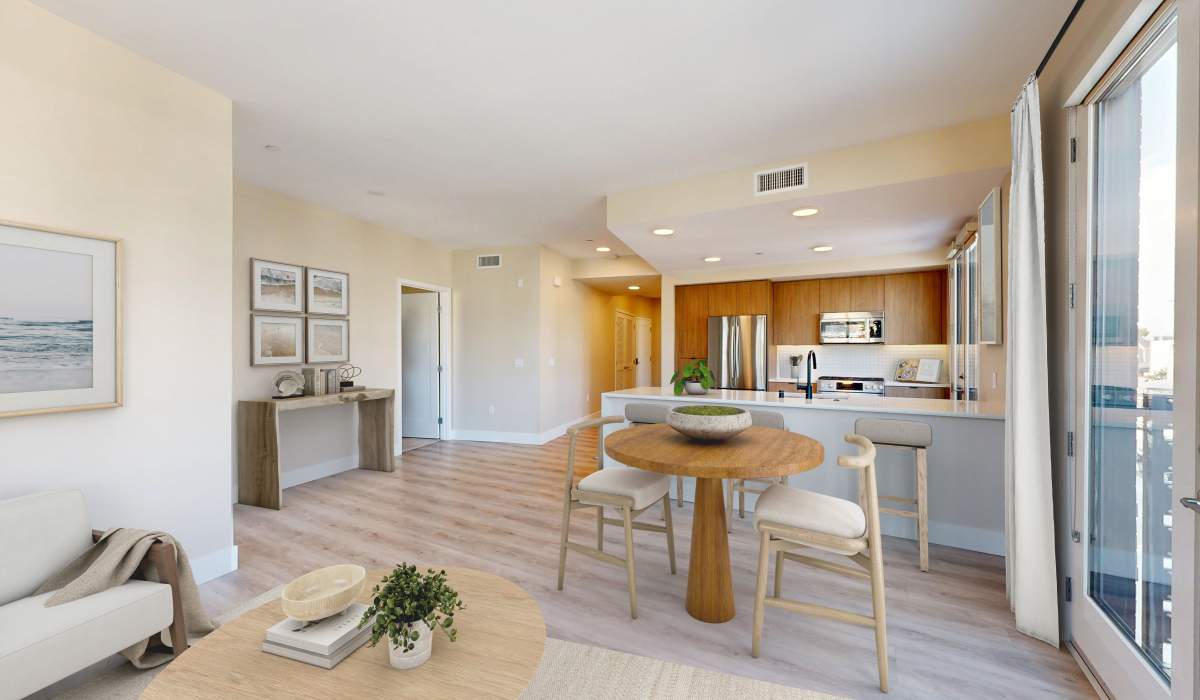 Upgraded kitchen and dining at Prado West in Dana Point,California