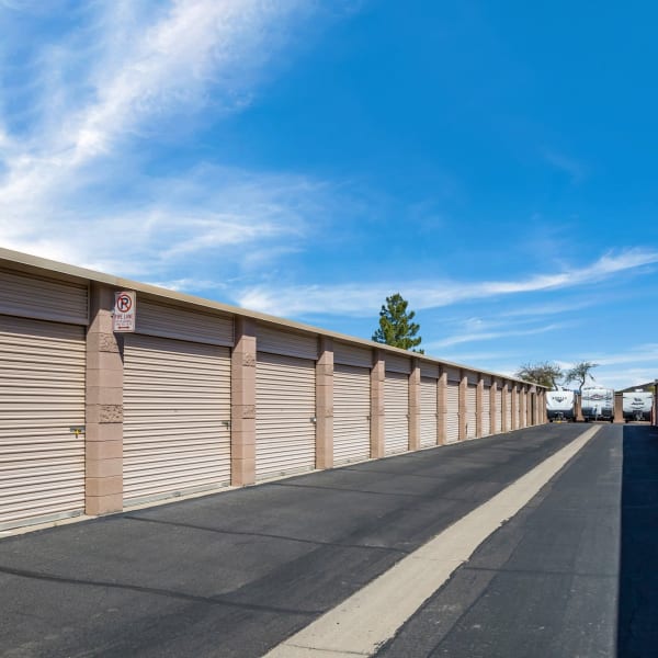 Outdoor storage units and RV parking at StorQuest Self Storage in Glendale, Arizona