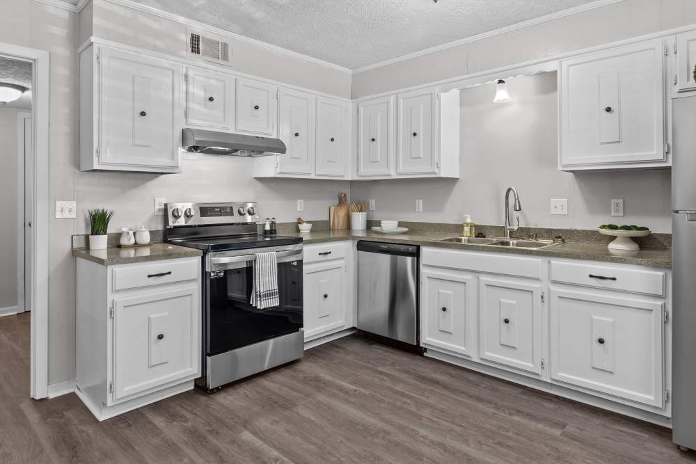 Charming modern kitchen featuring sleek stainless steel appliances and stylish white cabinetry at Pecan Ridge in Vicksburg, Mississippi.