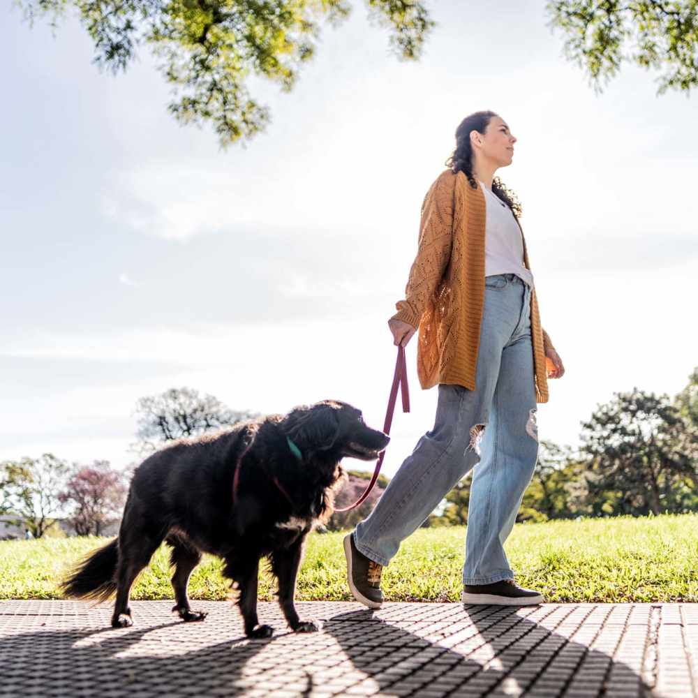 Woman walking with black dog on a sunny day in a green area at Riverwood Apartments in Wilmington, North Carolina