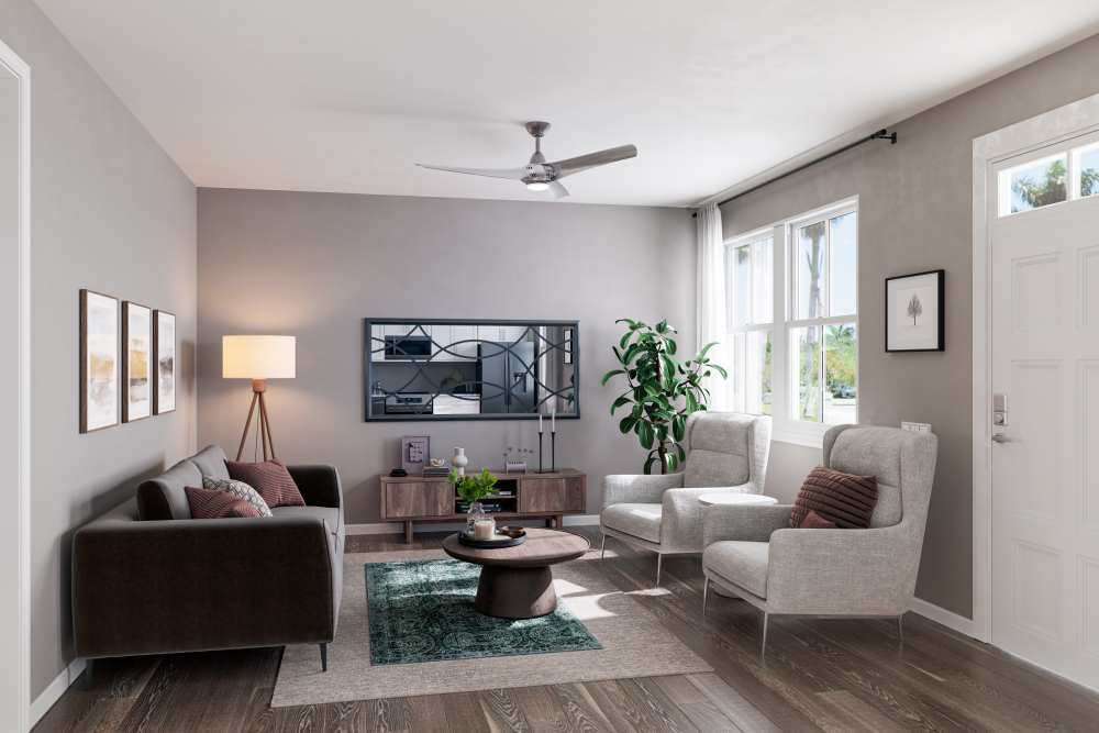 Luxury living room with vibrant lighting at Argent Cottages in Hardeeville, South Carolina