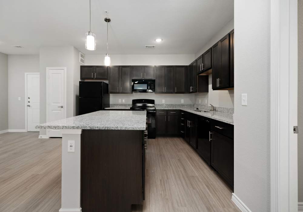 Luxury kitchen with granite countertops at Balcones Trails in Kyle, Texas